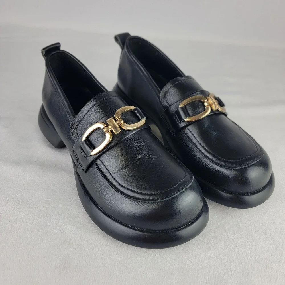Naniya Black Leather Chunky Horsebit Loafers Gold Buckle Slip On Shoes Size 39